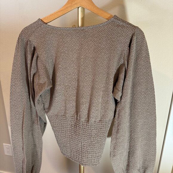 Buckle Gimmicks Textured Lace-Up Balloon Sleeve Top in MultiBrown Womens MD Boho - Picture 10 of 12